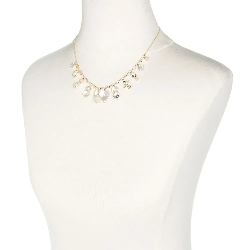 New! KATE SPADE Disco Pansy Flower Bird Crystal Gold-tone Necklace 16